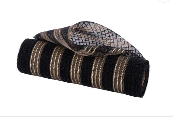 A roll of black and gold striped fabric with a pattern of vertical stripes and a grid-like design.
