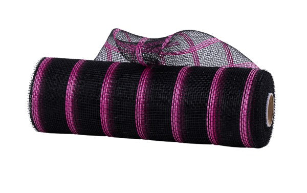 A roll of black and pink striped mesh material.