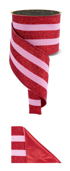a red and white striped ribbon with a shiny, glittery texture.