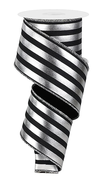 A black and white striped ribbon with a metallic silver trim.