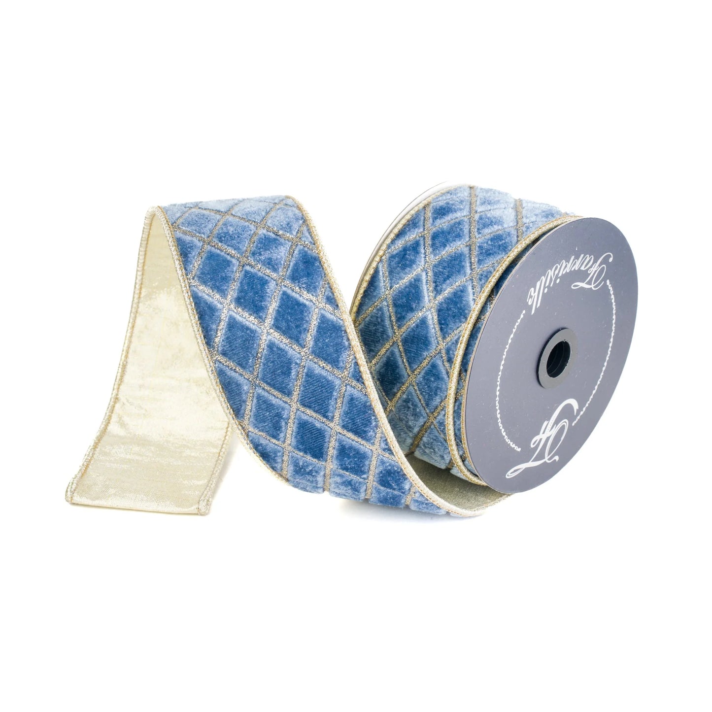 A roll of blue and gold diamond-patterned ribbon is shown against a white background.