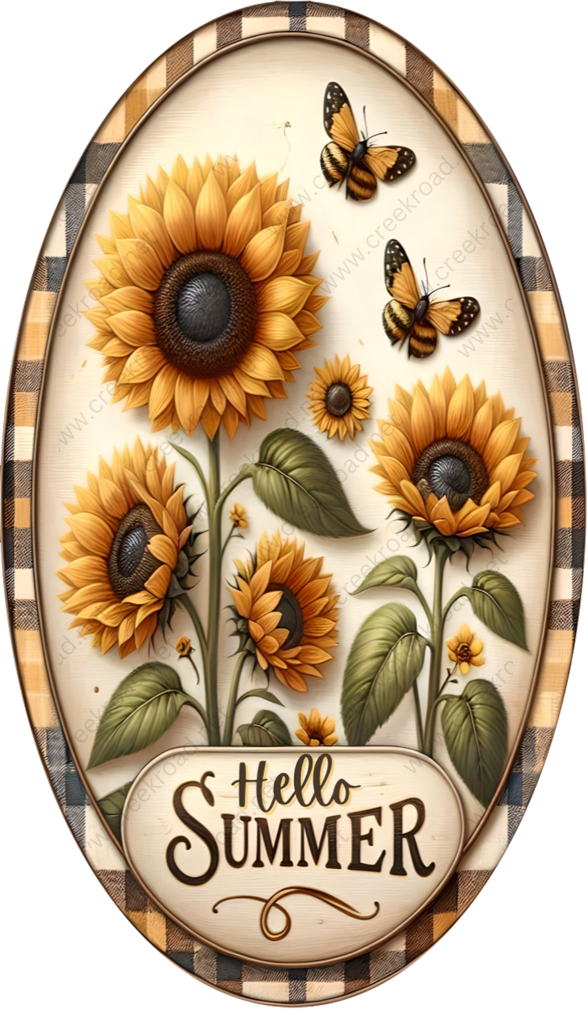 a decorative oval frame with a floral design, including sunflowers and butterflies. The text "Hello Summer" is displayed in the center of the frame.