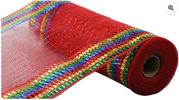 A roll of red mesh with a colorful, multicolored border.