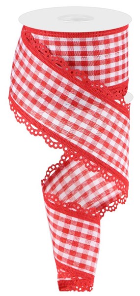 a roll of red and white gingham ribbon