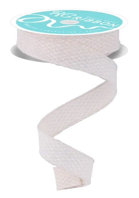 A roll of white, textured ribbon with a turquoise label.