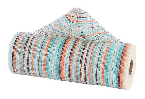 A roll of multicolored, striped paper towels or napkins.