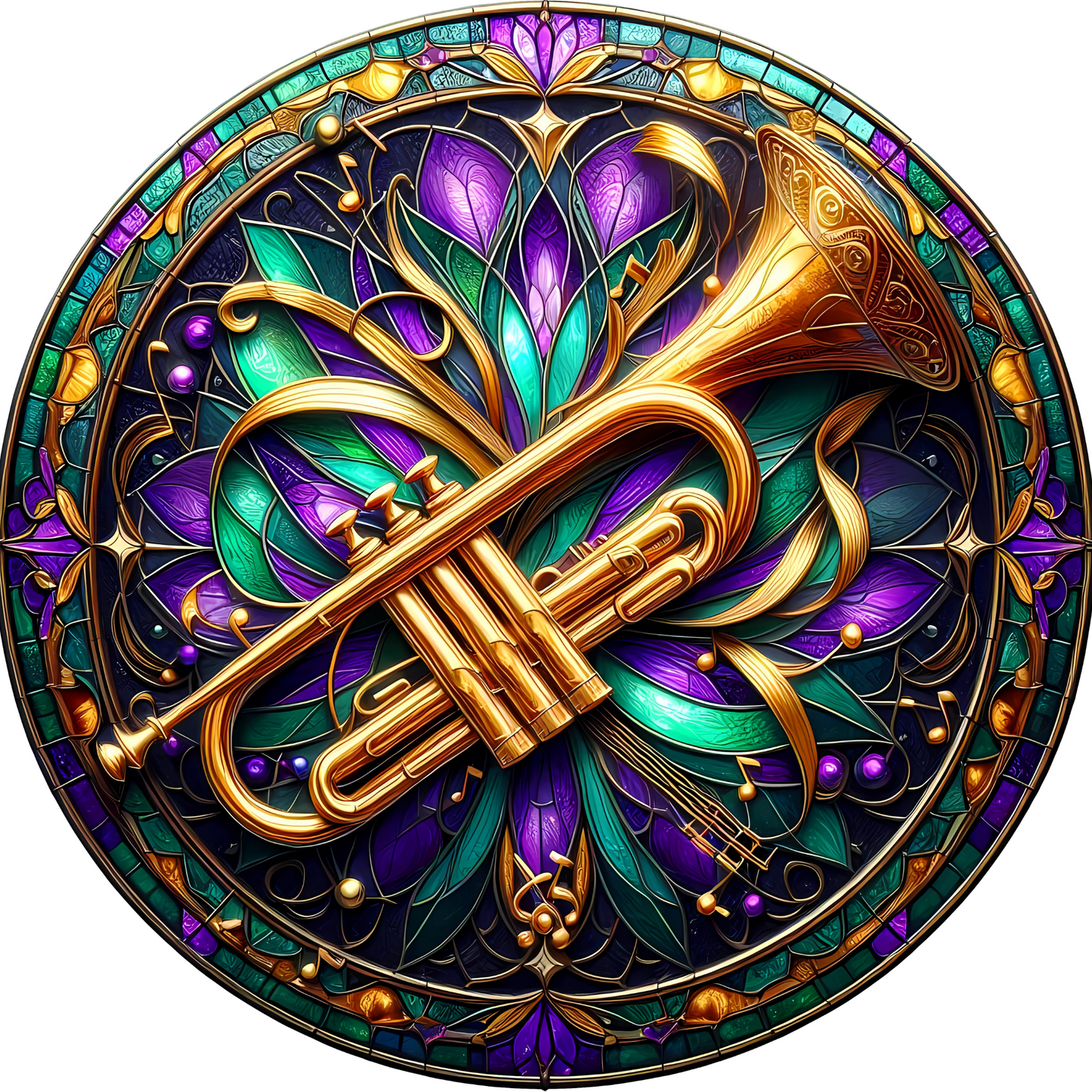 a golden trumpet sitting inside of a stained glass window