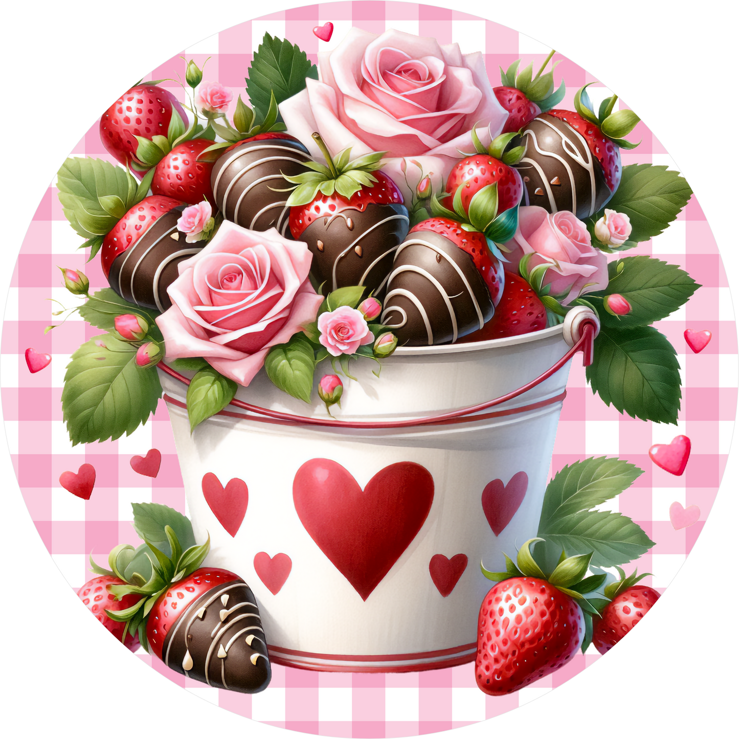 A bucket filled with chocolate-covered strawberries and roses, surrounded by additional strawberries and roses, all set against a pink and white checkered background.