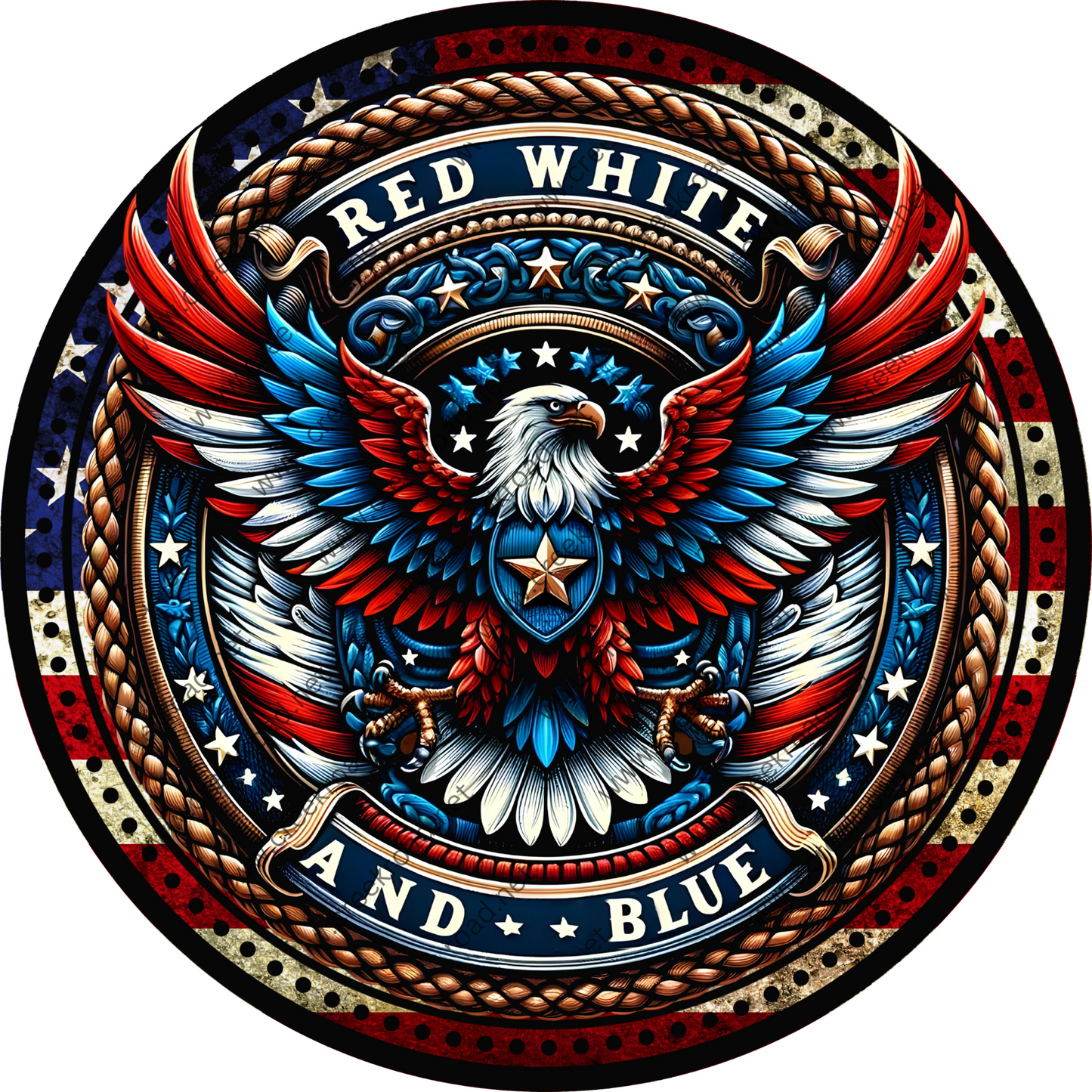 a red, white, and blue eagle emblem on a white background