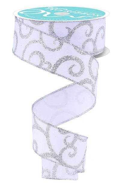 A silver and white glittery ribbon with a swirling pattern.