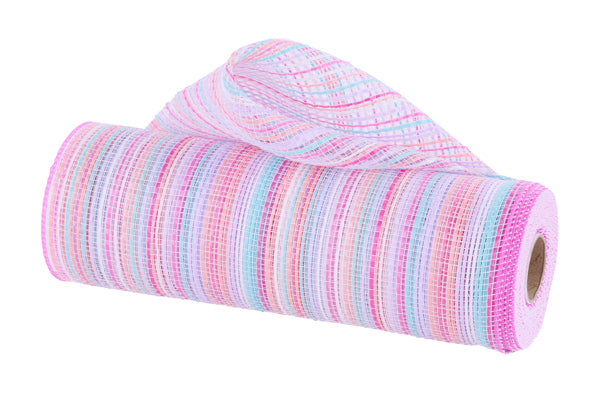 A roll of multicolored mesh with a pink and white striped pattern.