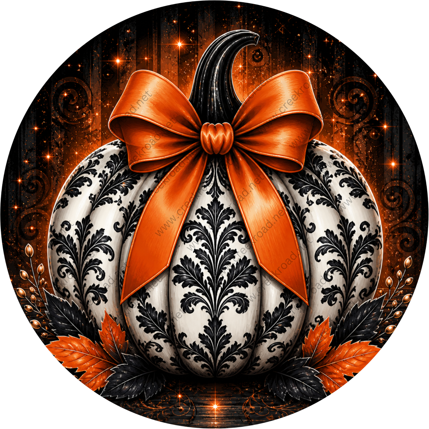 A decorative white pumpkin with black and orange floral patterns, adorned with an orange ribbon bow, surrounded by autumn leaves and twigs against a dark background with orange and black lights.