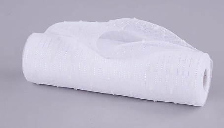 A roll of white, shiny, textured fabric with a pattern of small dots or lines.