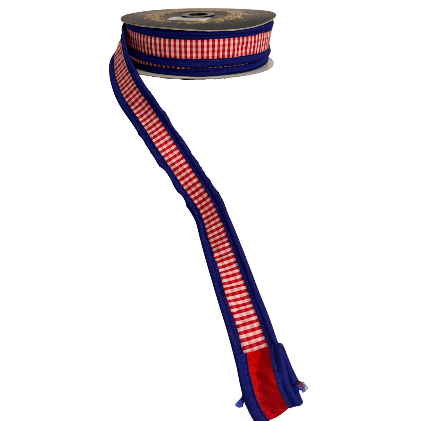 A spool of red and blue checkered ribbon is shown against a white background.