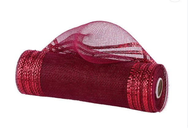A roll of red mesh or fabric with a metallic or shiny appearance, partially unrolled and revealing its pattern.