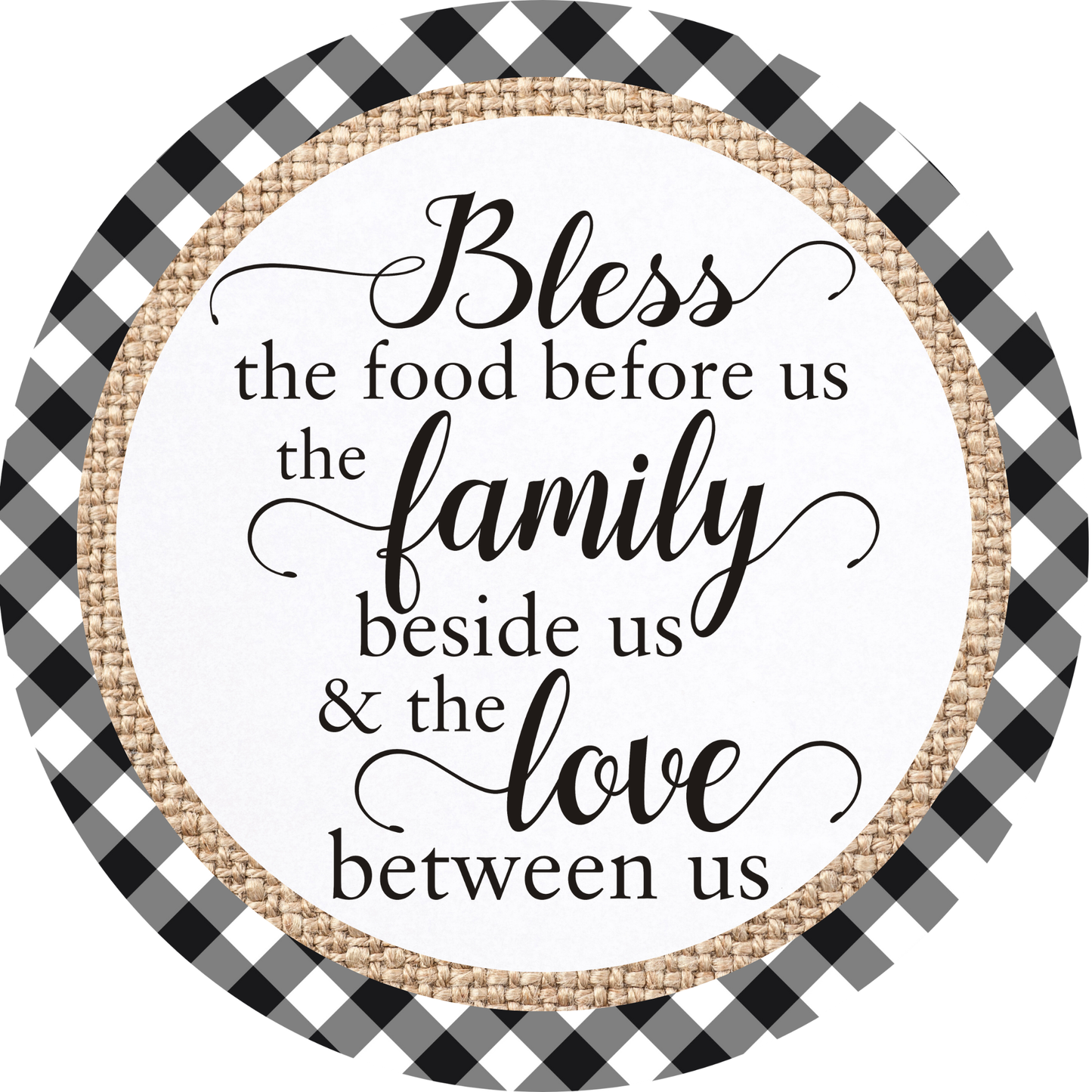 a black and white checkered circle with the words, bless the food before us