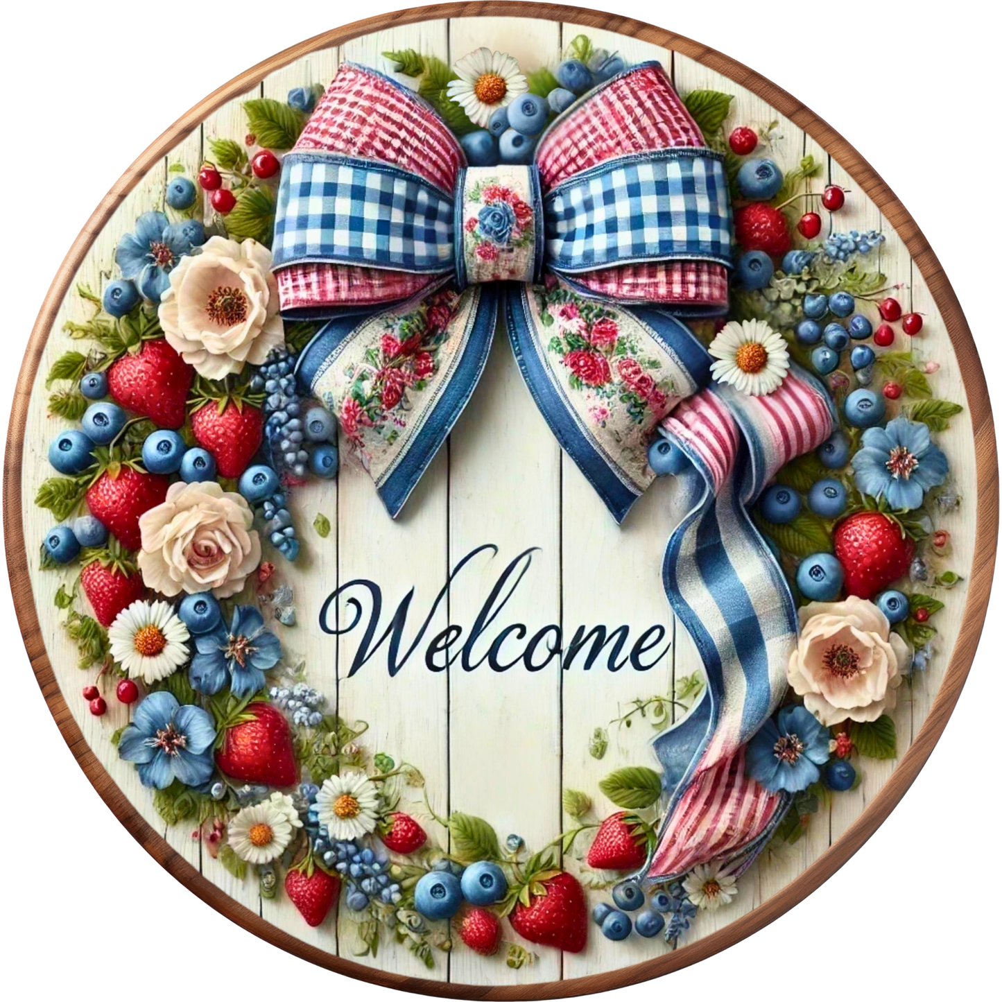 A decorative wreath made of various fruits and flowers, including strawberries, blueberries, and a large bow, with the word "Welcome" written on it.
