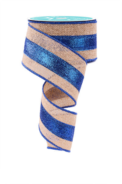 a roll of blue and gold glitter ribbon on a white background