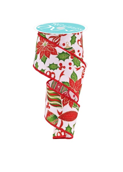 a red and green christmas ribbon with poinsettis on it