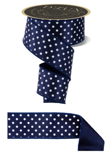 a navy blue ribbon with white polka dots, and it is displayed on a white background.