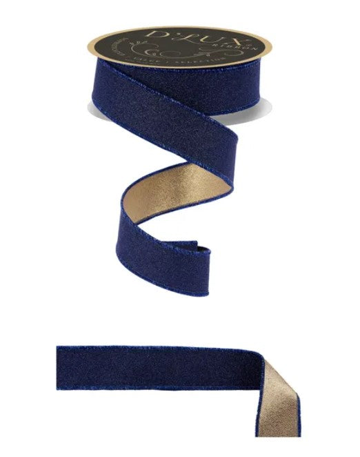 a blue and gold ribbon with a gold label, and a smaller piece of the same ribbon.