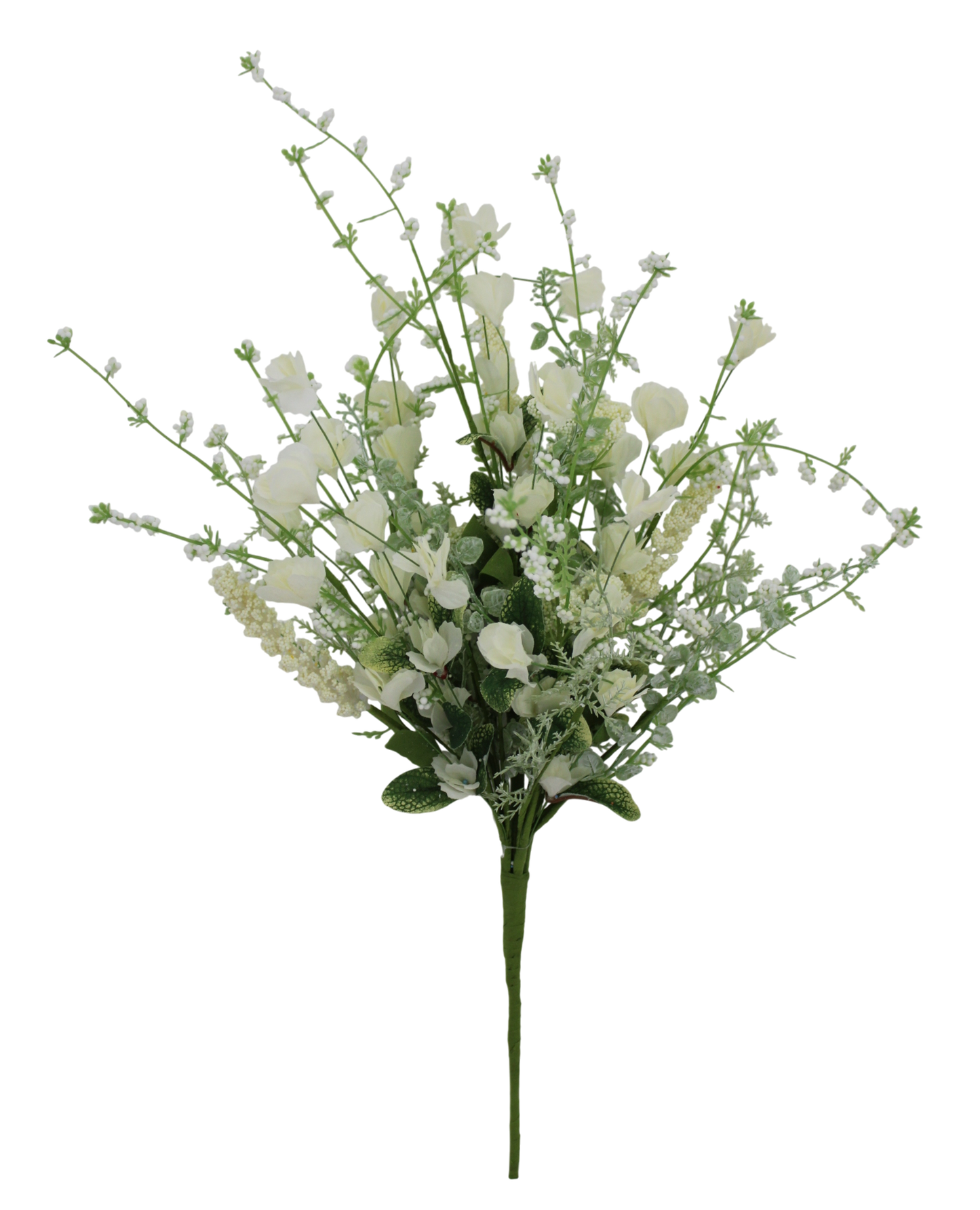 A bouquet of white flowers with green stems is displayed against a black background.