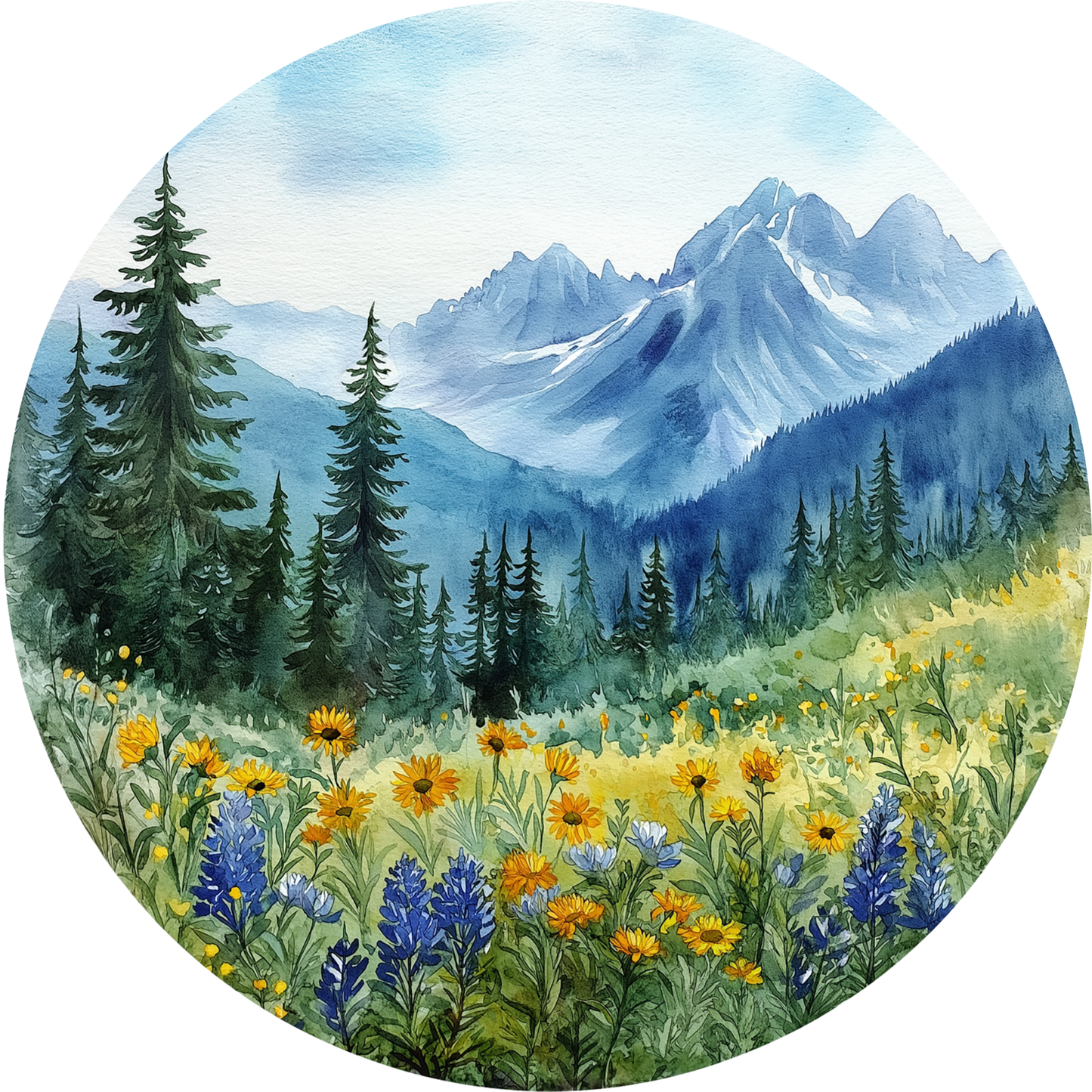 A watercolor painting depicting a mountain landscape with pine trees, a meadow filled with yellow flowers, and snow-capped peaks in the background.