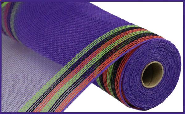 a roll of purple mesh with multicolored stripes