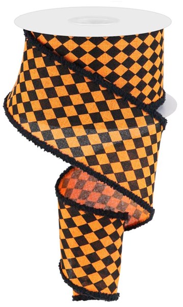 a roll of black and orange checkered ribbon