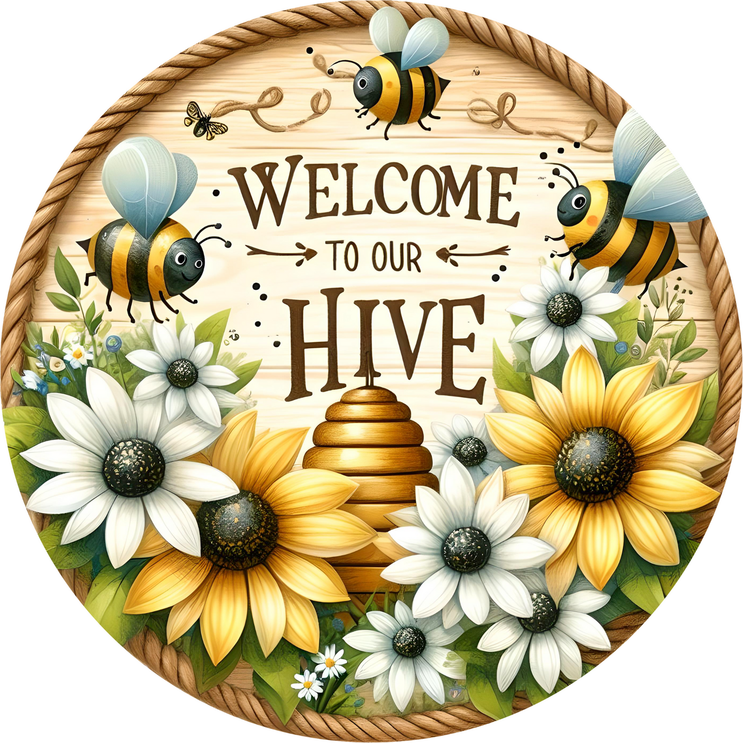 a welcome sign with bees and sunflowers