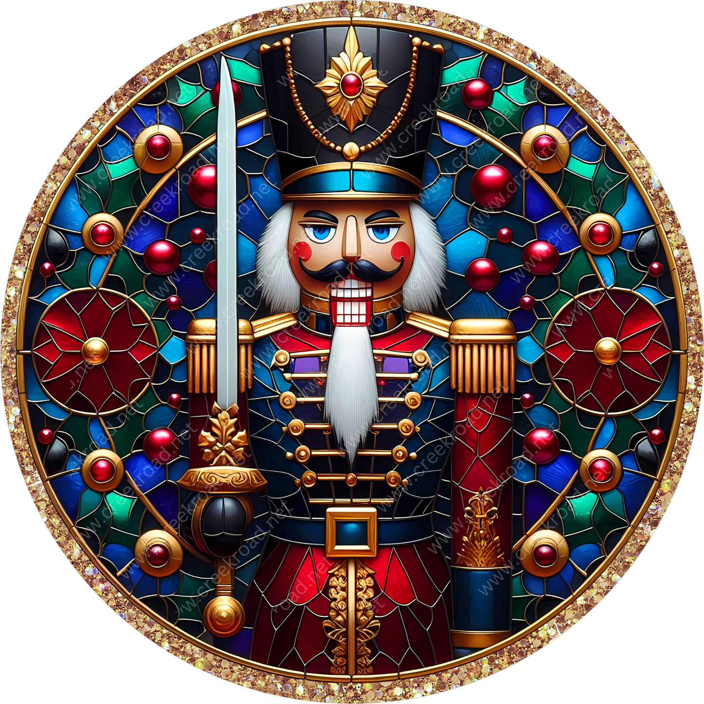 A detailed illustration of a nutcracker figure, adorned with a crown, holding a sword and surrounded by a colorful stained glass design.