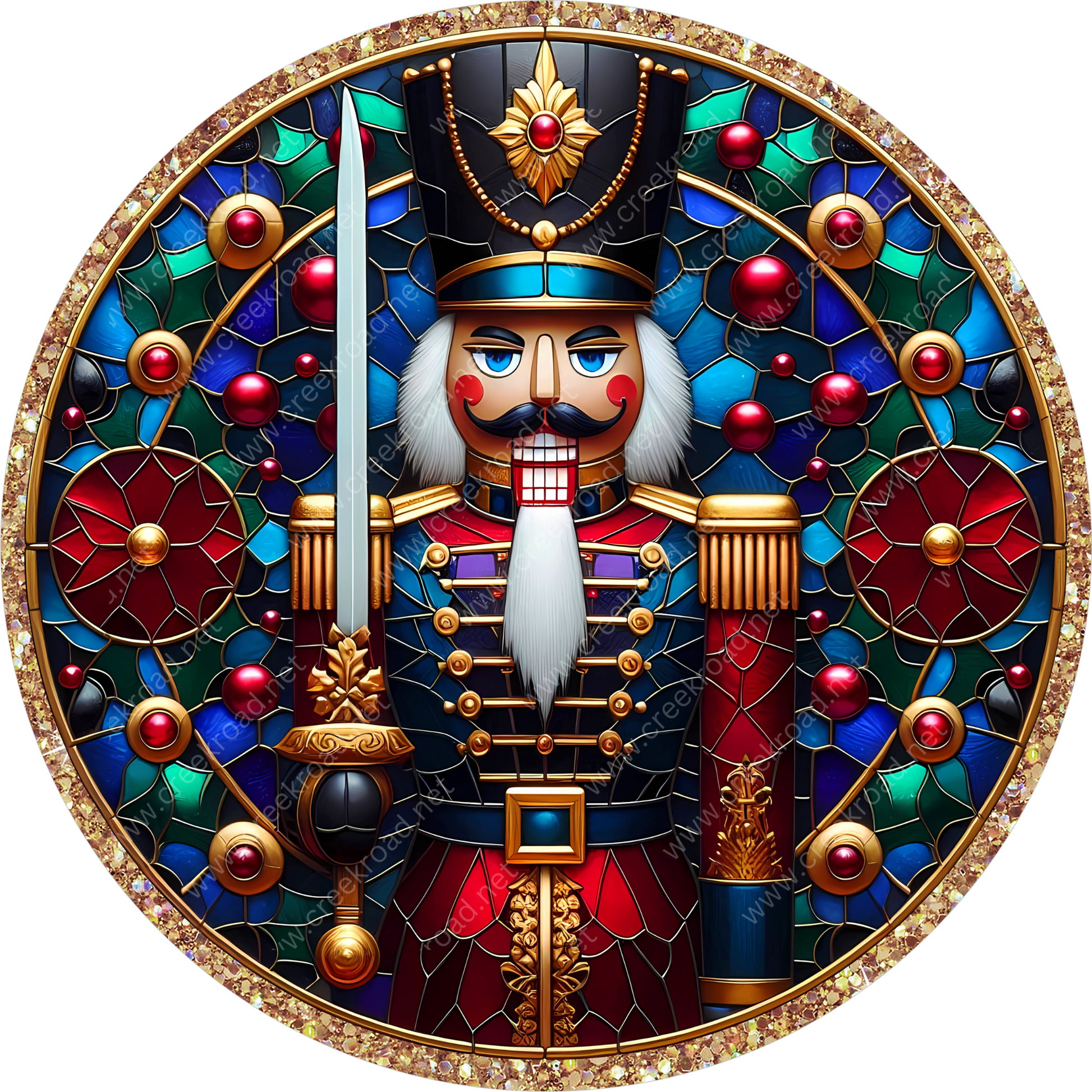 A detailed illustration of a nutcracker figure, adorned with a crown, holding a sword and surrounded by a colorful stained glass design.