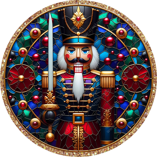 A detailed illustration of a nutcracker figure, adorned with a crown, holding a sword and surrounded by a colorful stained glass design.