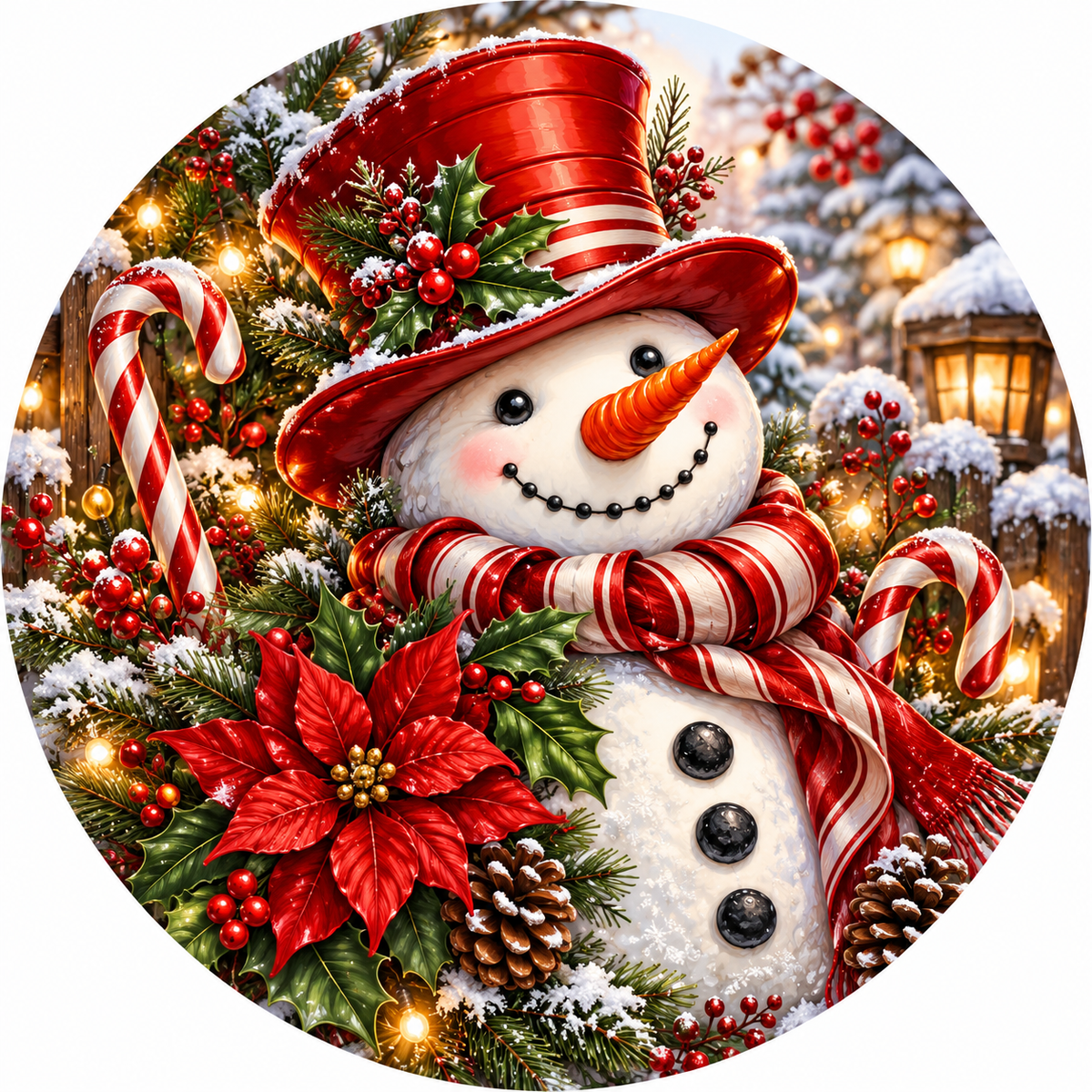 Smiling Candy Cane Snowman With Poinsettia Wreath Sign