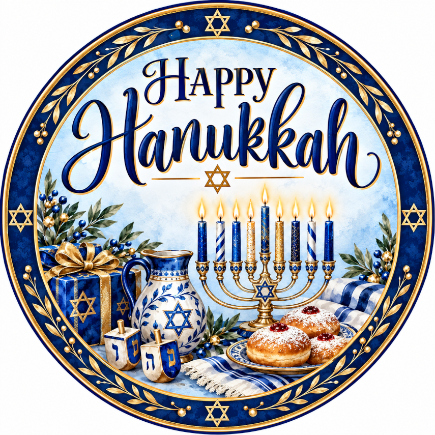Happy Hanukkah Menorah Star of David Dreidel Wreath Sign