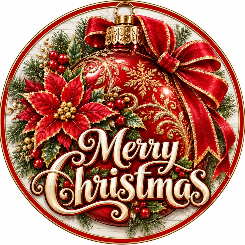 Red Christmas Ornament with Silver Glitter Background Wreath Sign