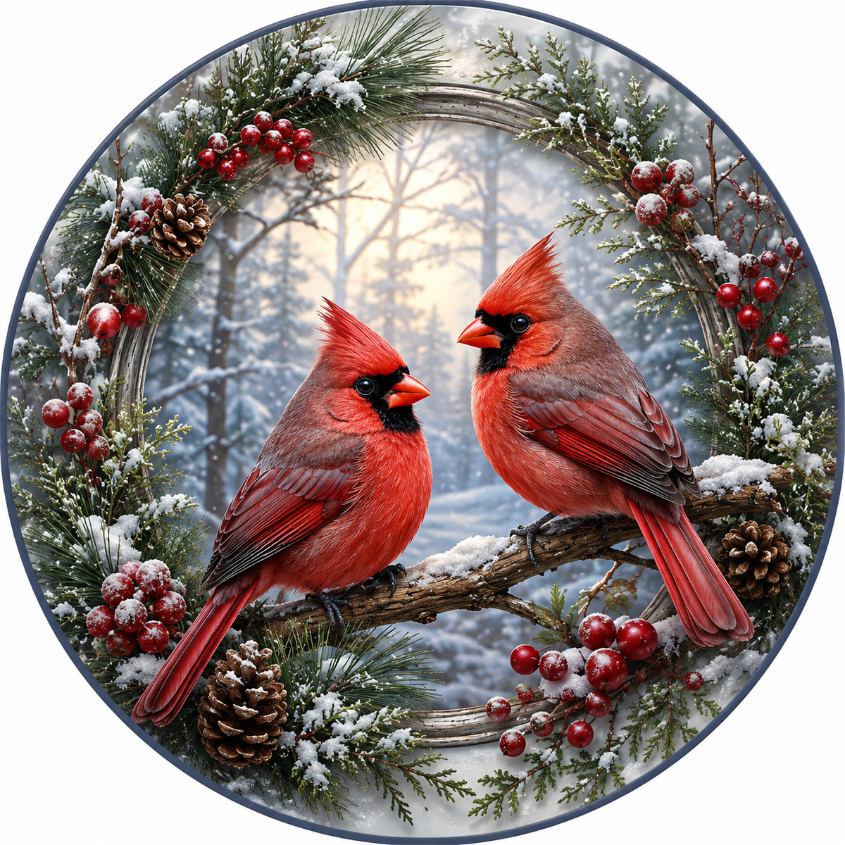 Red White Christmas Cardinals Wreath Sign-Sublimation-Round-Chistmas-Winter-Decor