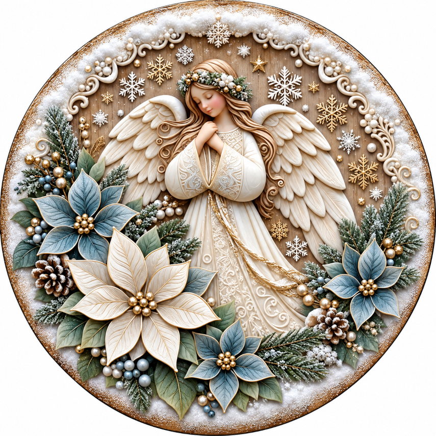 Praying Christmas Angel Blue Poinsettia Sublimated Wreath Sign