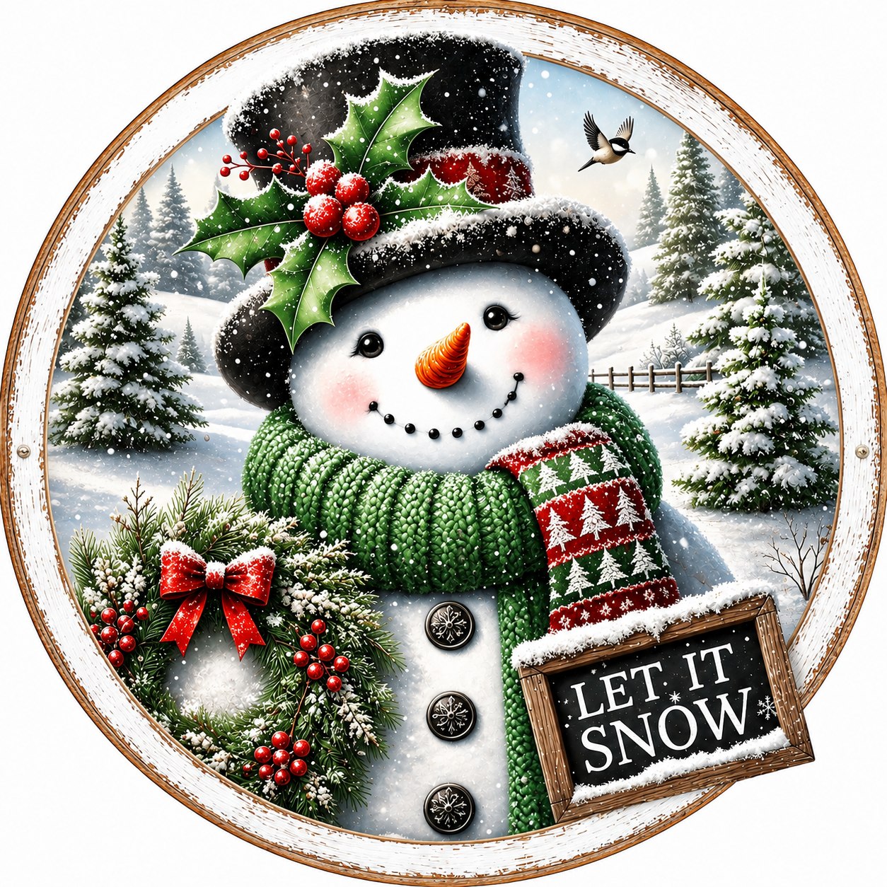 Let it Snow Christmas Winter Snowman Sublimated Wreath Sign