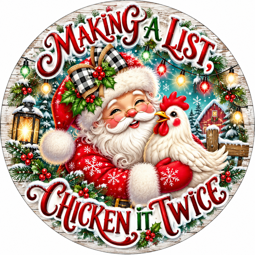 Making A List Chicken It Twice Farm Santa Sublimated Wreath Sign