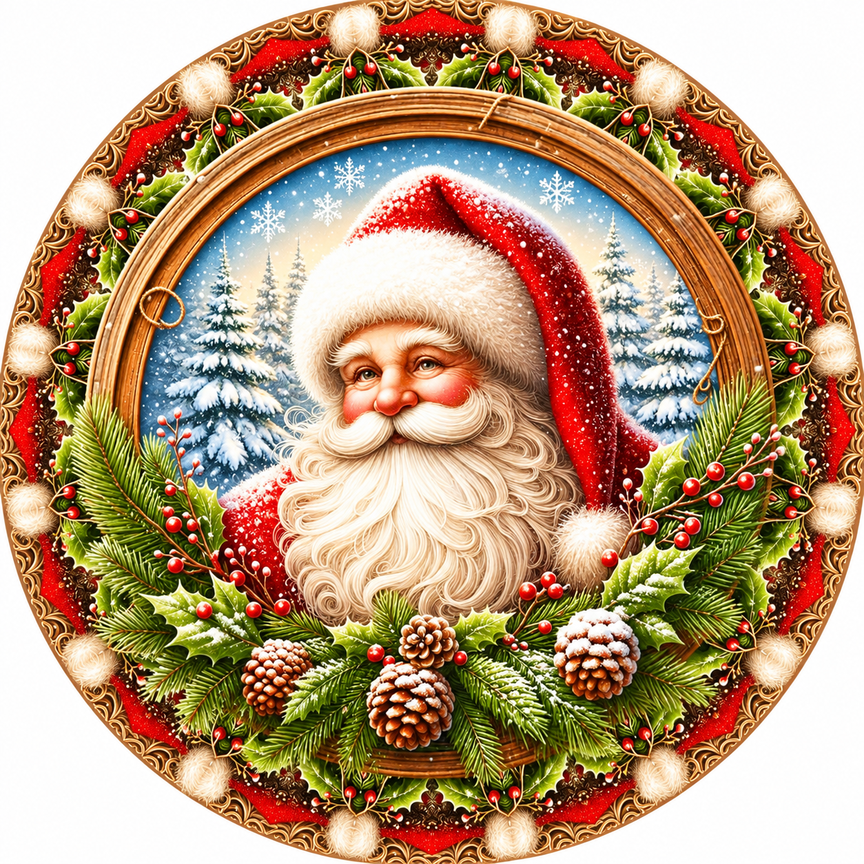 Vintage Santa Claus Snowy Background Pine Cones Sublimated Wreath Sign