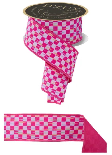a pink and white checkered ribbon with a black label that reads "D'LUX".
