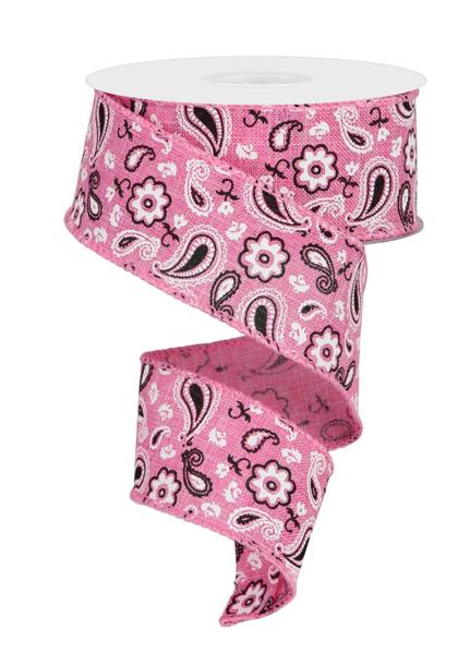 a roll of pink and black paisley ribbon