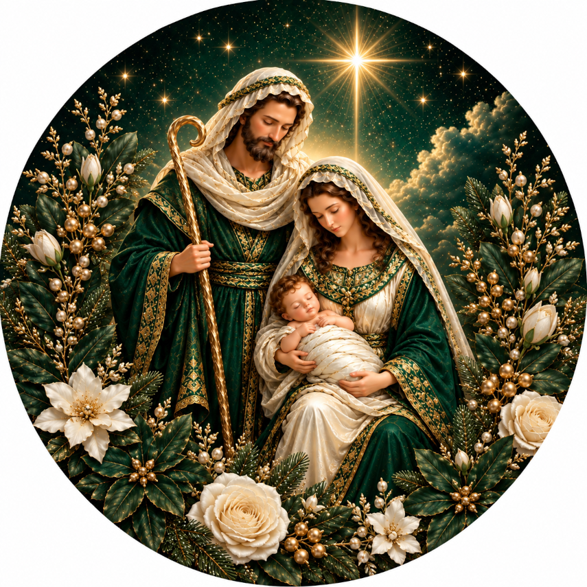 a religious scene of the Holy Family, with the parents and child, likely representing Jesus, the Virgin Mary, and baby Jesus. The family is surrounded by flowers and greenery, creating a serene and peaceful atmosphere. The background features a starry night sky, adding a sense of wonder and awe to the scene.
