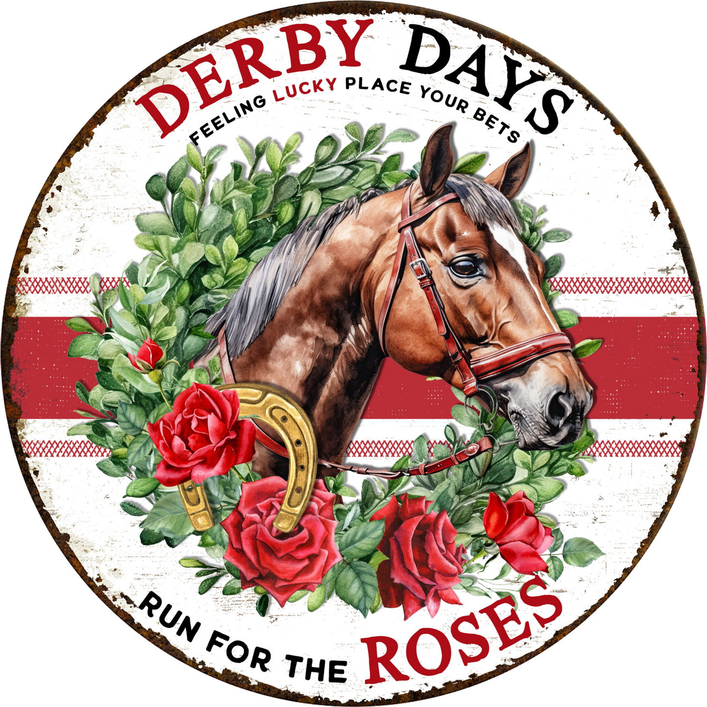 a round sign with a horse and roses on it