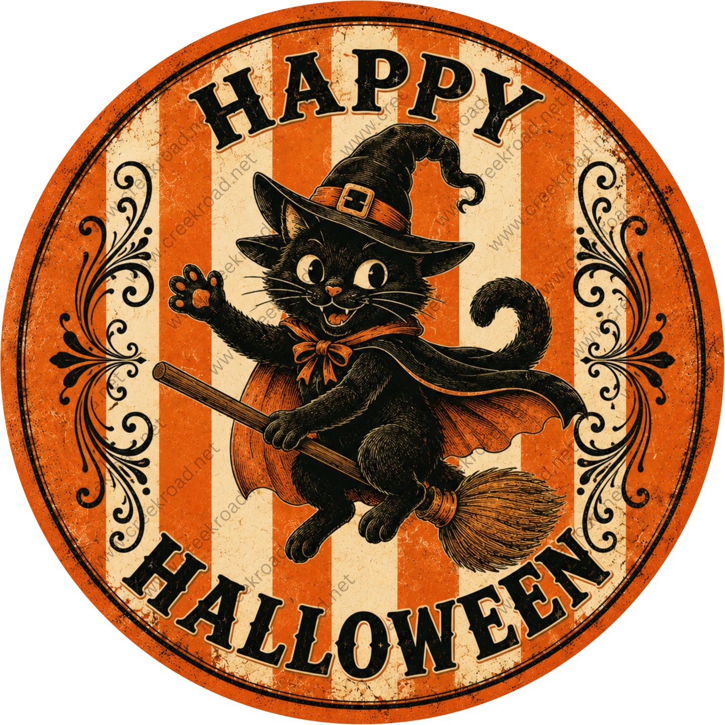 A black cat wearing a witch's hat and cape is depicted in the center of the image, with the text "HAPPY HALLOWEEN" written around it.