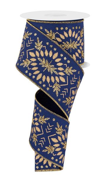 a blue and gold ribbon with gold leaves on it