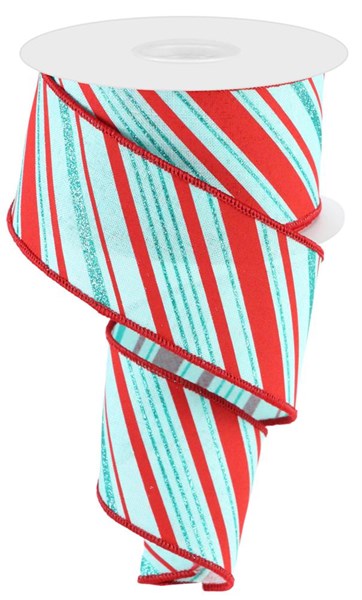 a roll of red and blue striped ribbon