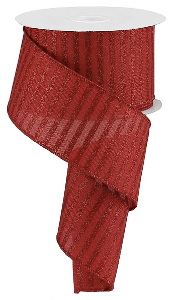 a spool of red ribbon with a metallic, striped pattern.