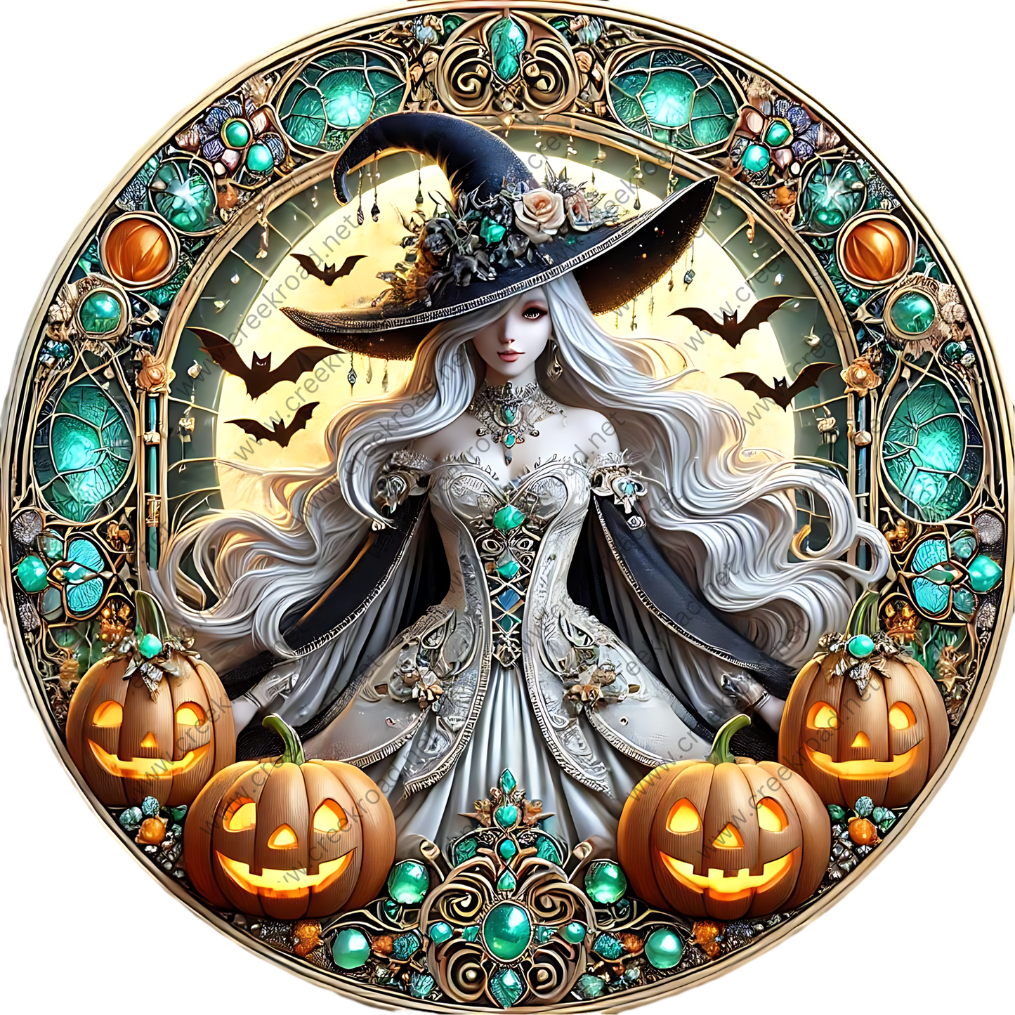 A digital illustration of a woman with long, flowing white hair wearing a black hat and a white dress, surrounded by pumpkins, gemstones, and bats.